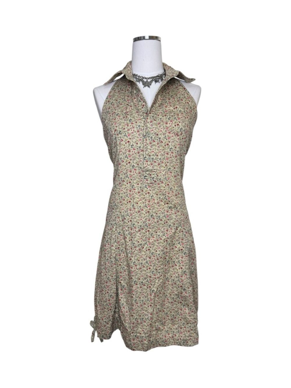 Y2K Forever 21 Sleeveless Floral Collared Button Down Dress Beige and Pink